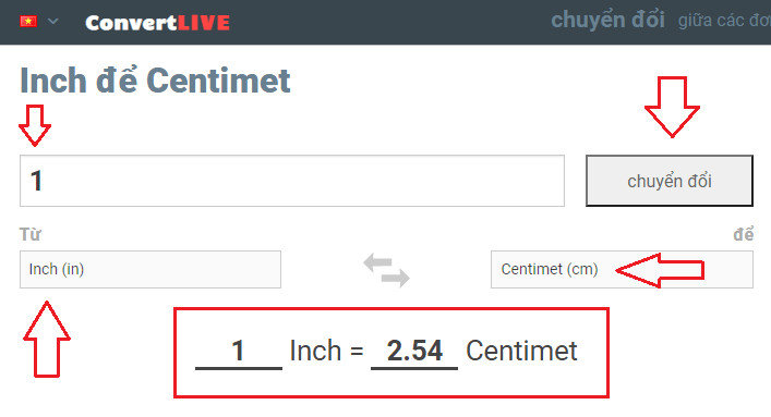 Chuyển đổi đơn vị inch bằng ConvertLive